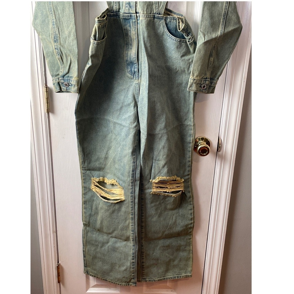 PrettyLittleThing Petite Vintage Wash Denim‎ Cut Out Jumpsuit Ripped Size 4 New - Picture 4 of 16